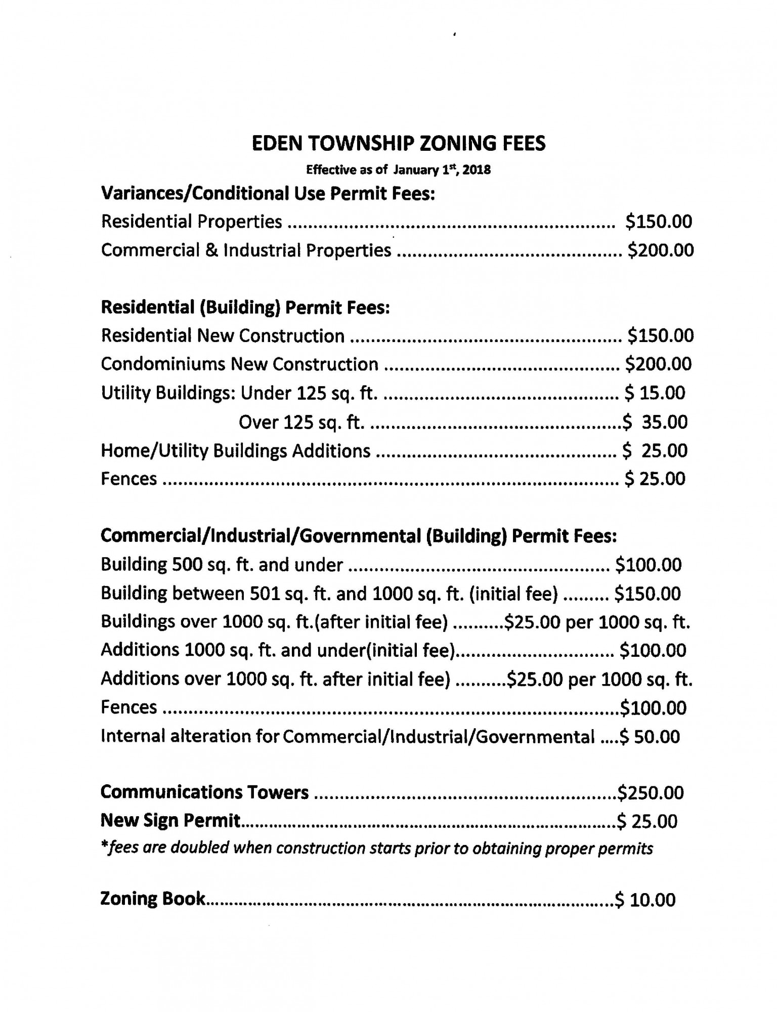 Eden Township Zoning Fees as of 01/01/2018